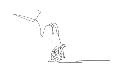 Poster - Self drawing animation of single continuous line drawing businessman kneeling, entire body bound by ropes controlled by giant hands. Mastered by the mastermind. Confused. Full length animated
