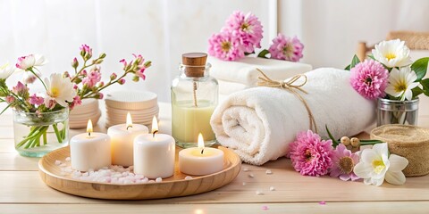 Poster - Tranquil home spa setting with candles, skincare essentials, and floral touches, relaxation, self-care, serenity, retreat