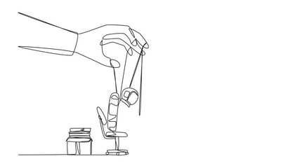 Poster - Self drawing animation of single one line drawing astronaut typing on laptop, hand moved by ropes. The situation is out of control. Unable to make a proper expedition report. Full length animated