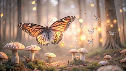 Canvas Print - Magical butterfly soaring amidst enchanted forest with glowing mushrooms and enchanting creatures, magical, butterfly