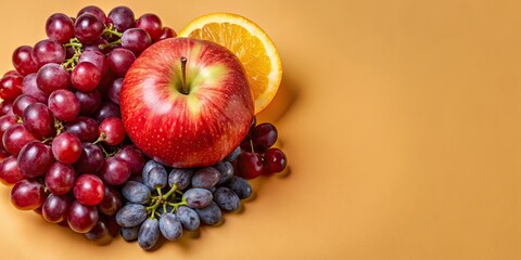 Poster - Vibrant fruit selection featuring a crisp apple and juicy grapes on a beige background, vibrant, fruit, selection, beige, background