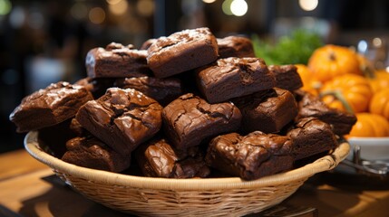 Wall Mural - Pumpkin brownie in a rustic bakery with handcrafted bread baskets., generative IA  