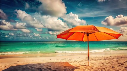 Canvas Print - Vibrant orange beach umbrella on tropical shoreline with turquoise sea and cloudy sky, beach, umbrella, orange, vibrant, tropical