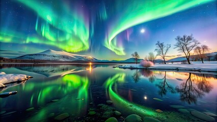 Poster - Mesmerizing display of northern lights dancing over a moonlit lake in Abisko National Park, Sweden