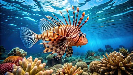 Sticker - Beautiful lionfish swimming gracefully among coral reefs in crystal clear sea waters, lionfish, sea, underwater, coral reefs