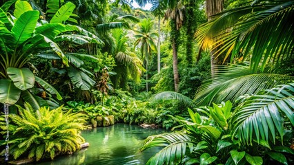 Wall Mural - Tropical paradise in the jungle with lush green foliage and exotic wildlife, jungle, paradise, tropical, lush, green