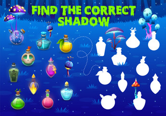 Poster - Halloween game, find the correct shadow of potion bottles puzzle worksheet. Vector kids quiz of matching potion glass bottles, magician poison vials and alchemy elixir flasks on fairytale meadow