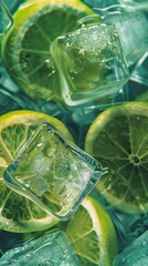 Wall Mural - A close up of a bunch of lime slices with ice cubes in between them