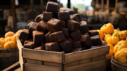 Poster - Pumpkin brownie in a rustic bakery with handcrafted bread baskets., generative IA  