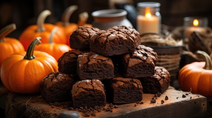 Poster - Pumpkin brownie in a rustic bakery with handcrafted bread baskets., generative IA  