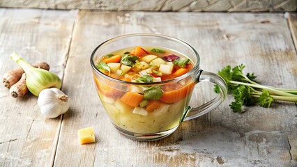 Wall Mural - Glass cup of vegetable broth with assorted vegetables in the background, vegetable broth, glass cup, vegetables, healthy