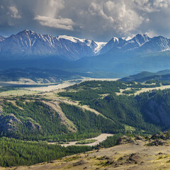 Sticker - Mountain scenery, greenery and snow on the peaks, summer traveling