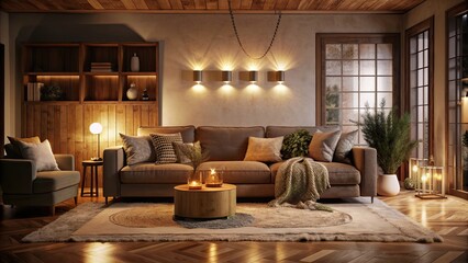 Sticker - Cozy living room with a plush sofa and warm lighting, home decor, interior design, comfortable, stylish, furniture, cozy