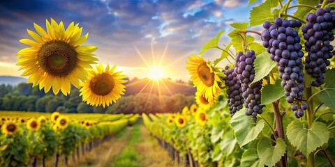 Sticker - A beautiful image of grape vines intertwined with sunflowers in a sunny field , grapes, vines, sunflowers, agriculture, farm