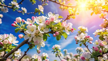 Wall Mural - Apple tree blossom against blue sky on a sunny spring day, apple tree, blossom, spring, sunny, day, nature, flora, white flowers