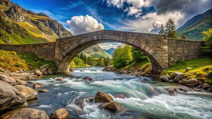 Poster - A majestic stone bridge spanning a rushing river in the mountains, bridge, mountains, scenic, landscape, nature