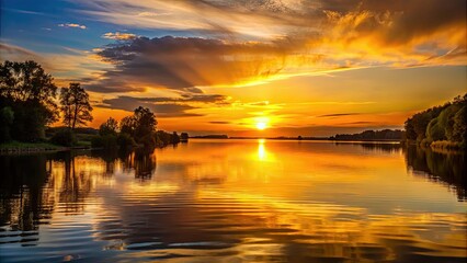 Canvas Print - Sunset casting a golden glow over a calm river with silhouetted trees on the horizon, sunset, river, water, reflection