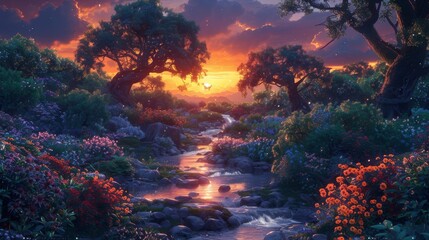 Sticker - A beautiful landscape at sunset with purple colors over water.