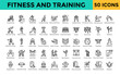 © Gravisio - Fitness and Training icon set with cycling training, hiking, trail running, functional training, medicine ball workout, battle ropes icon. Simple line vector
