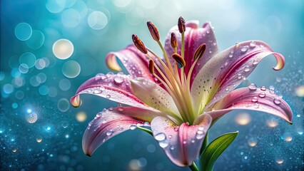 Sticker - Water droplets glistening on a delicate lily flower, nature, beauty, macro, freshness, purity, dew, petals, close-up