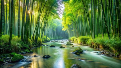 Sticker - Serene stream flowing through a lush bamboo forest , bamboo, forest, nature, water, stream, peaceful, tranquility, green