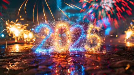 Wall Mural - A fireworks display with the year 2015 written in the middle of the fireworks