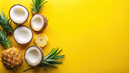 Wall Mural - Coconut and pineapple slices on a vibrant yellow background , healthy, summer, food, tropical, fresh, fruits, vibrant