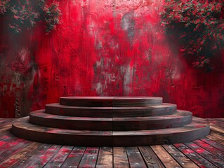 A red display background with steps and layers. 