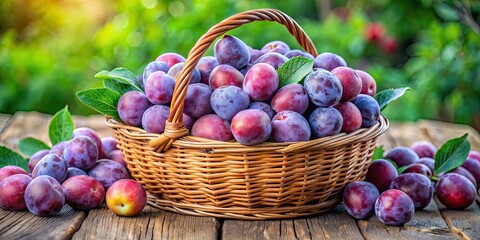 Poster - Freshly harvested plums in season, showcasing a bounty of ripe, juicy plums in a rustic basket from the orchard, Plums