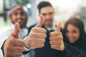 Sticker - Business people, diversity and hands with thumbs up for good job, teamwork or positive feedback at office. Closeup of employees with smile, like emoji or yes sign for well done, thank you or review