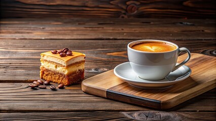 Poster - Espresso and cake on wooden board, espresso, coffee, cup, cake, dessert, sweet, food, wooden board, rustic, delicious