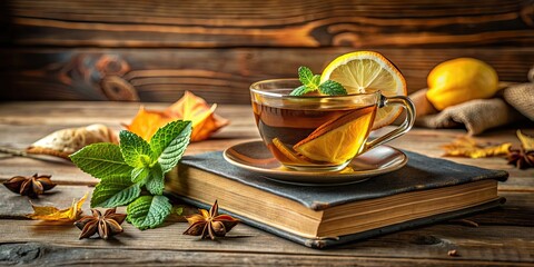 Sticker - Cozy fall vibes with a cup of hot tea, lemon, and mint on an old book , autumn, cozy, hot tea, lemon, mint, book, relaxation