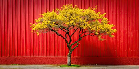 Sticker - Tree with yellow flowers in bloom in front of a vibrant red wall, tree, yellow flowers, bloom, red wall, nature, spring