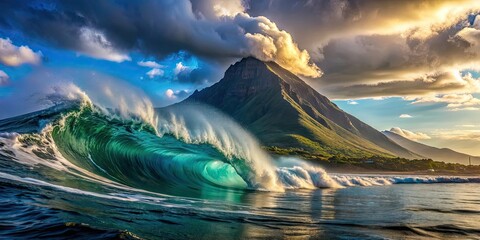 Wall Mural - Wave crashing in the ocean with a majestic mountain backdrop , waves, ocean, mountains, scenery, nature, power, beauty