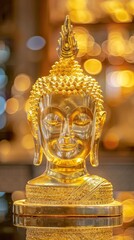 A gold statue of a Buddha head with a gold crown on top