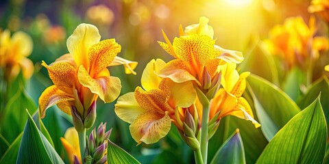 Canvas Print - Lemon punch canna lily plant with saffron flowers in full bloom , lemon punch, canna lily, saffron flowers, plant, garden