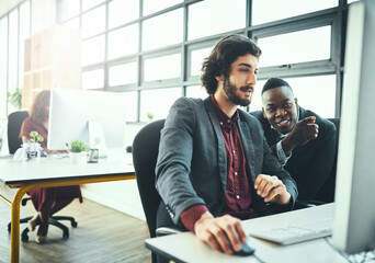 Wall Mural - Computer, businessman and diversity in office in coworking in digital agency as brand designer. Male people, smile and tech as colleagues, working and together for teamwork, collaboration or deadline