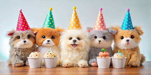 Canvas Print - Cute little woolly creatures having a birthday party , woolly, cute, creatures, birthday, party, celebration, festive, adorable, small