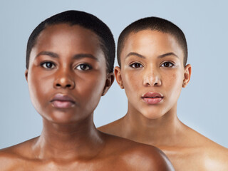 Sticker - Skincare, natural and portrait of black women in studio with health, glow and wellness routine. Beauty, face and girl friends with cosmetic, smooth and dermatology facial treatment by gray background