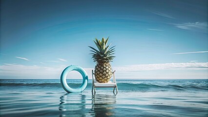 Poster - Summer beach concept chair with ring floating and pineapple on blue background  rendering , vacation, holiday, relaxation