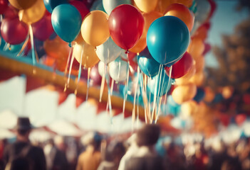 Colorful balloons floating above a crowd at an outdoor festival or fair. The background is blurred, focusing on the balloons.