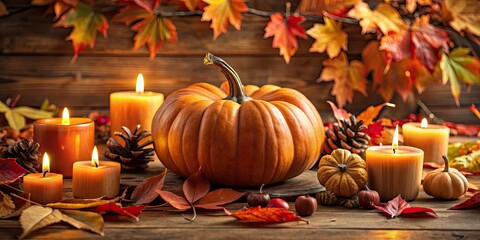 Poster - Autumn still life featuring a pumpkin surrounded by fall foliage and candles, pumpkin, autumn, still life, fall, foliage, candles