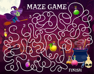 Aufkleber - Halloween labyrinth maze quiz game, help to witch find a magic potion bottles on cemetery vector worksheet. Kids puzzle with cartoon witch flying on broom to potion cauldron, tombstones and full moon