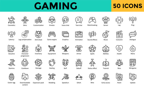 Gaming icon set with cosmetics, skins, customization, emotes, voice chat, text chat, matchmaking, server, lag, ping icon. Simple line vector 