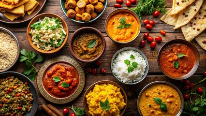 Canvas Print - Traditional Indian cuisine featuring a colorful array of curries, spices, and rice dishes, Indian, food, cuisine