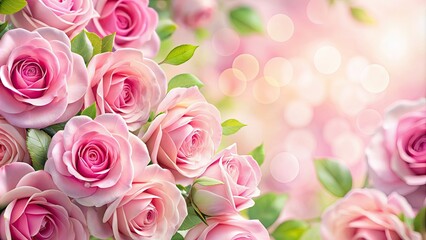 Poster - Pink roses background with soft petals and green leaves, pink, roses, flowers, background, soft, petals, green, leaves, floral