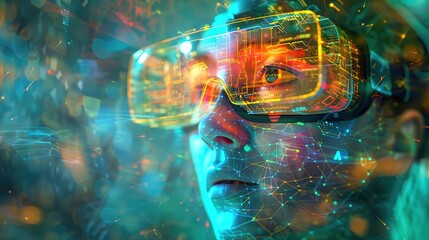 Wall Mural - wonderful person using a futuristic virtual reality headset