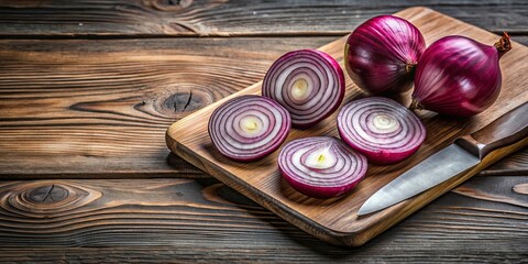 Wall Mural - Sliced red onion on a cutting board , red, onion, ingredient, cooking, food, culinary, preparation, kitchen, chopping, fresh