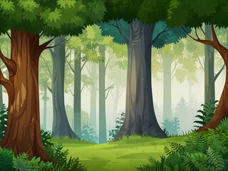 Blank meadow at daytime scene with various forest trees, vector forest scene with various forest trees, vector a flat nature background, vector forest scene with hiking track and many trees