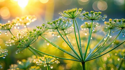 Wall Mural - Early morning light shining on dew-covered dill leaves, nature, green, plant, fresh, sunrise, sunlight, garden, herb, organic